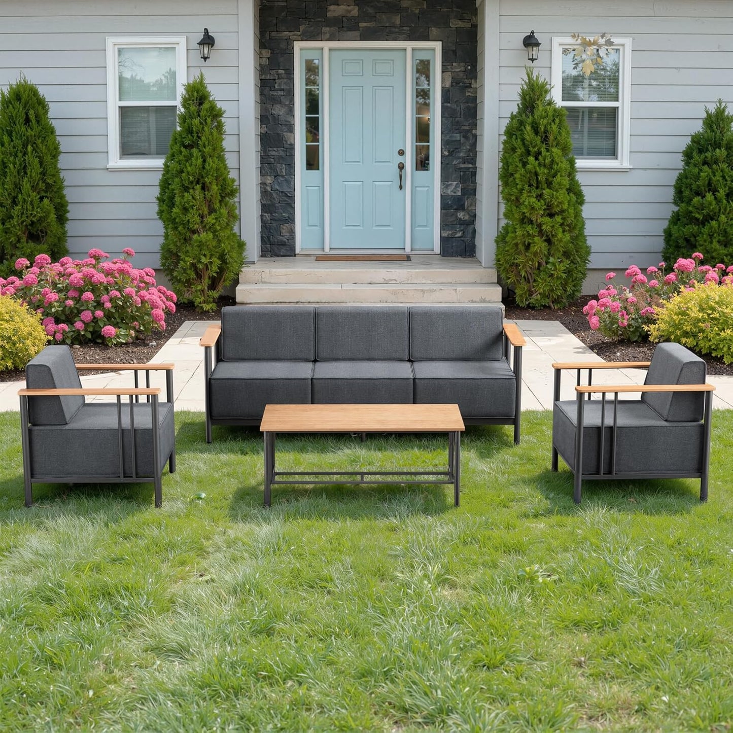Luxury Patio Swivel Chairs with 6" Extra Thick Cushions, Outdoor Furniture Set with Ottomans and Side Table, Swivel Outdoor Chairs for Porch, Balcony, Deck, Patio, Yard, Poolside, Black/Grey