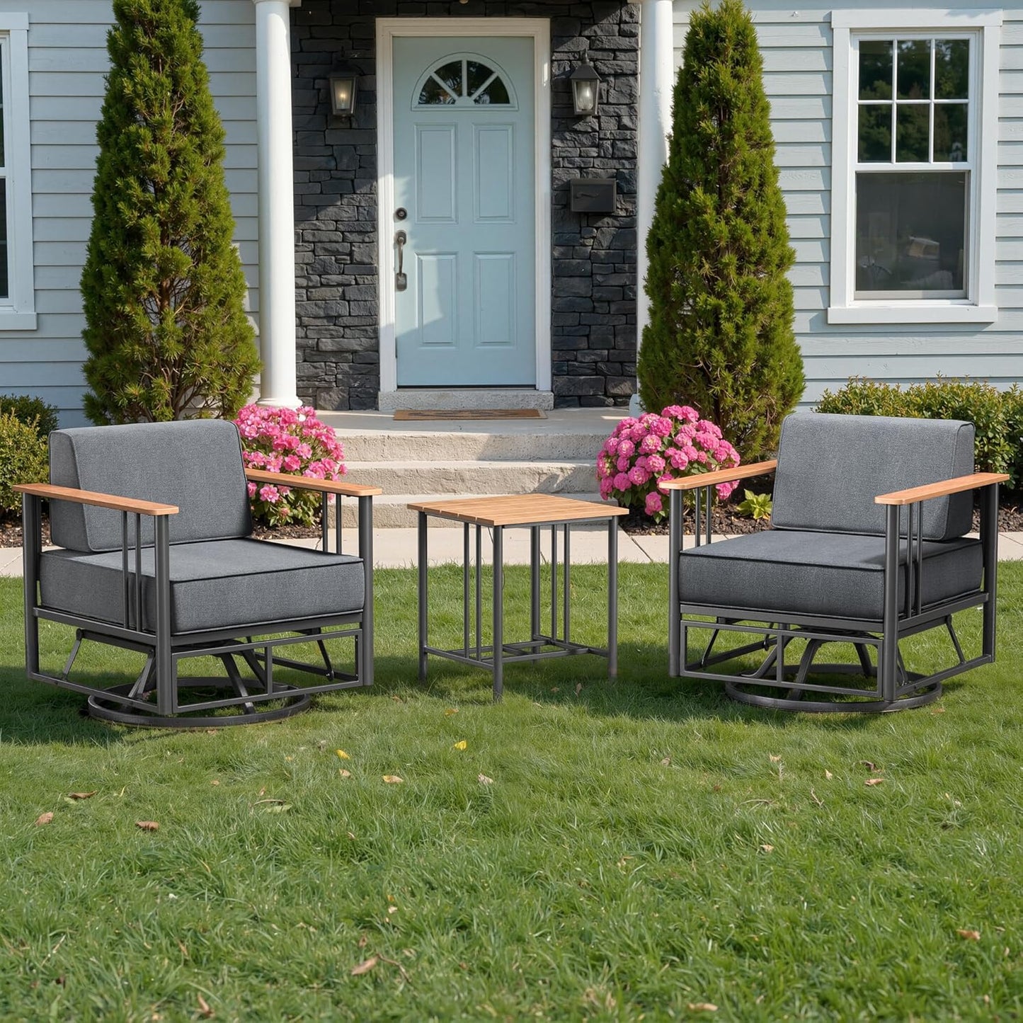 Luxury Patio Swivel Chairs with 6" Extra Thick Cushions, Outdoor Furniture Set with Ottomans and Side Table, Swivel Outdoor Chairs for Porch, Balcony, Deck, Patio, Yard, Poolside, Black/Grey