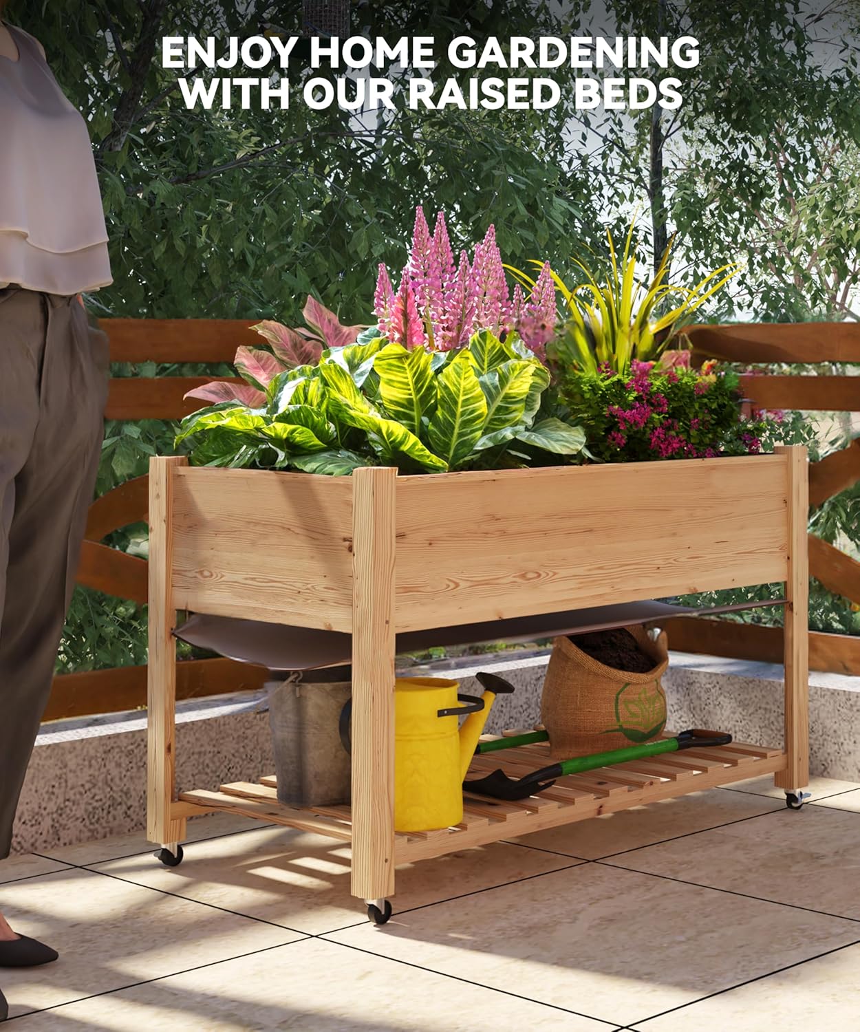 GarveeHome Raised Garden Bed 48x24x32-Inch Mobile Elevated Wood Planter Raised Beds w/Lockable Wheels, Storage Shelf, and Protective Liner for Indoor/Outdoor Gardening,Natural