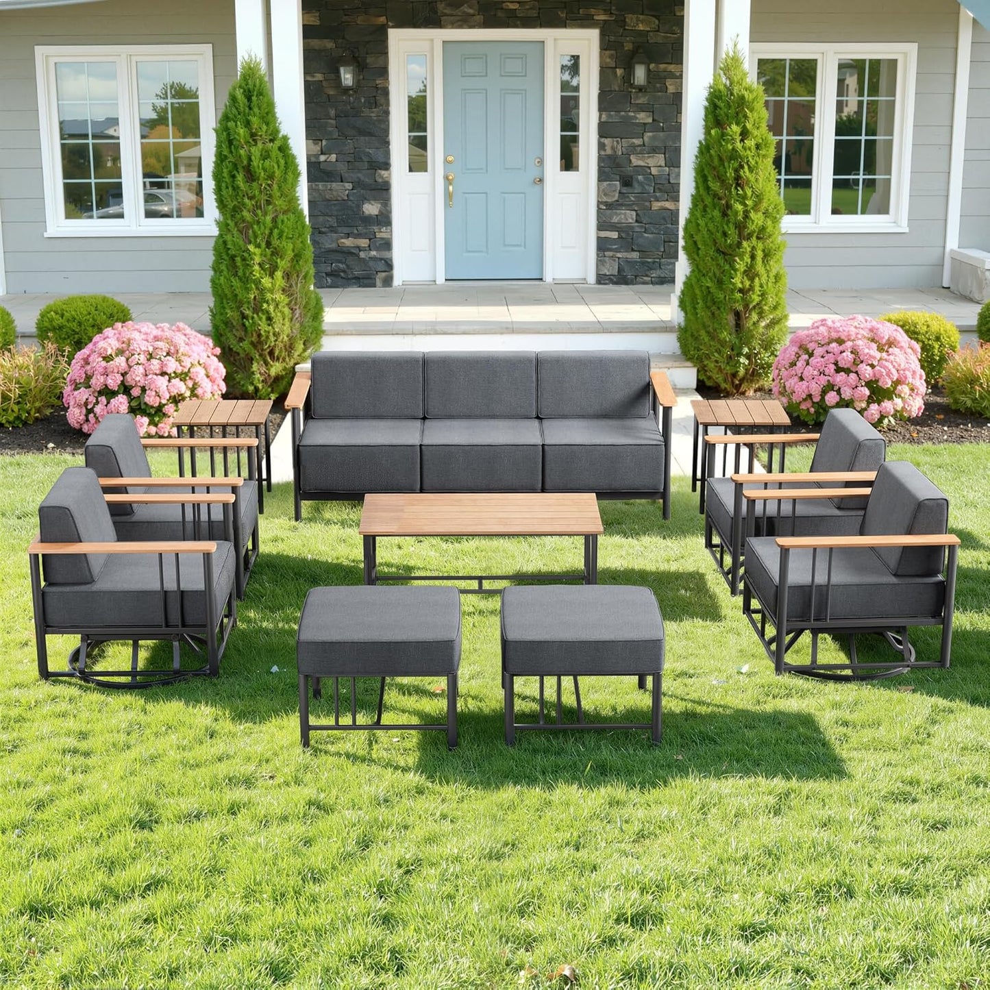 Luxury Patio Swivel Chairs with 6" Extra Thick Cushions, Outdoor Furniture Set with Ottomans and Side Table, Swivel Outdoor Chairs for Porch, Balcony, Deck, Patio, Yard, Poolside, Black/Grey