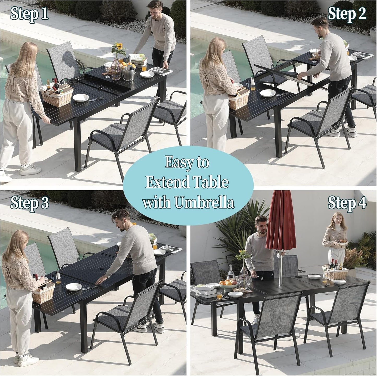 Outdoor Expandable Dining Table 71"-106" Aluminum Patio Dinner Table for 8-10 Person, Rectangular Metal Collapsible Tables with Umbrella Hole, Patio Tables with Extendable Top for Garden, Backyard