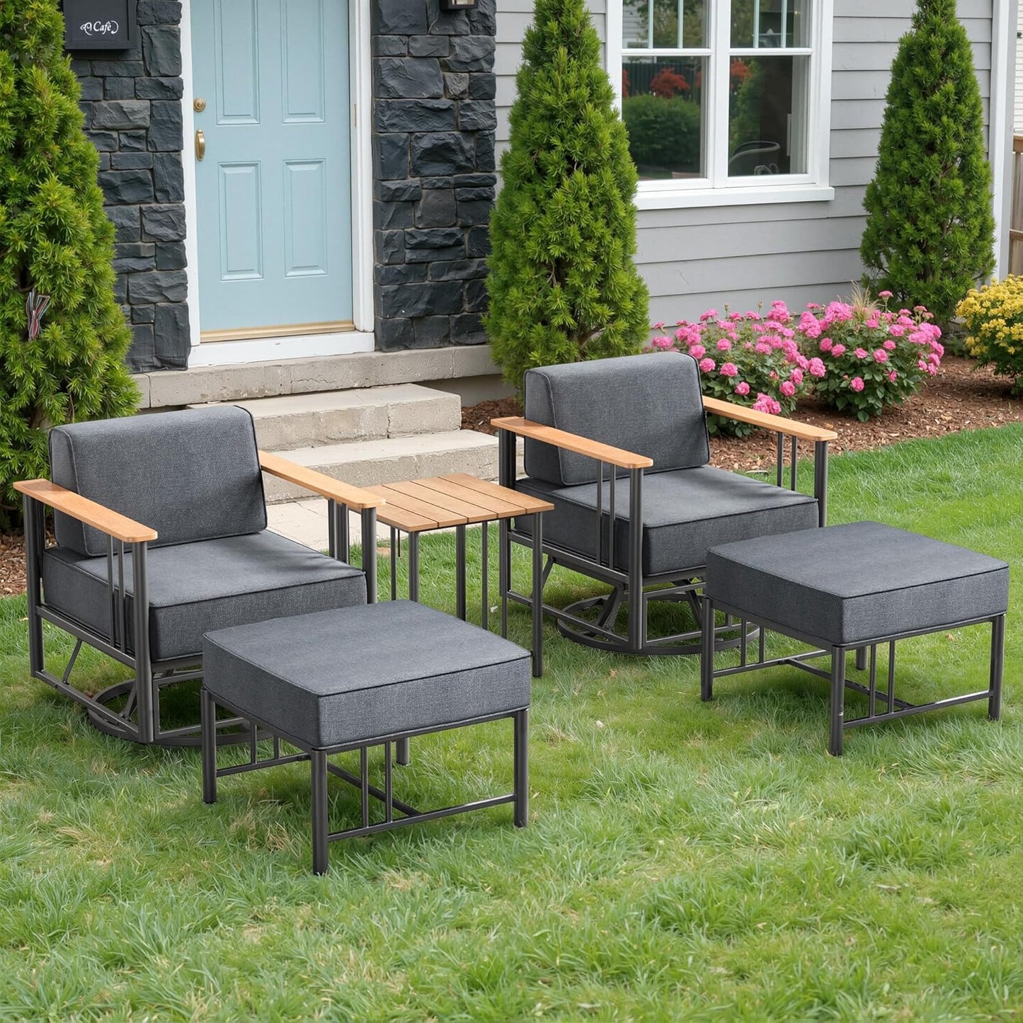 Luxury Patio Swivel Chairs with 6" Extra Thick Cushions, Outdoor Furniture Set with Ottomans and Side Table, Swivel Outdoor Chairs for Porch, Balcony, Deck, Patio, Yard, Poolside, Black/Grey
