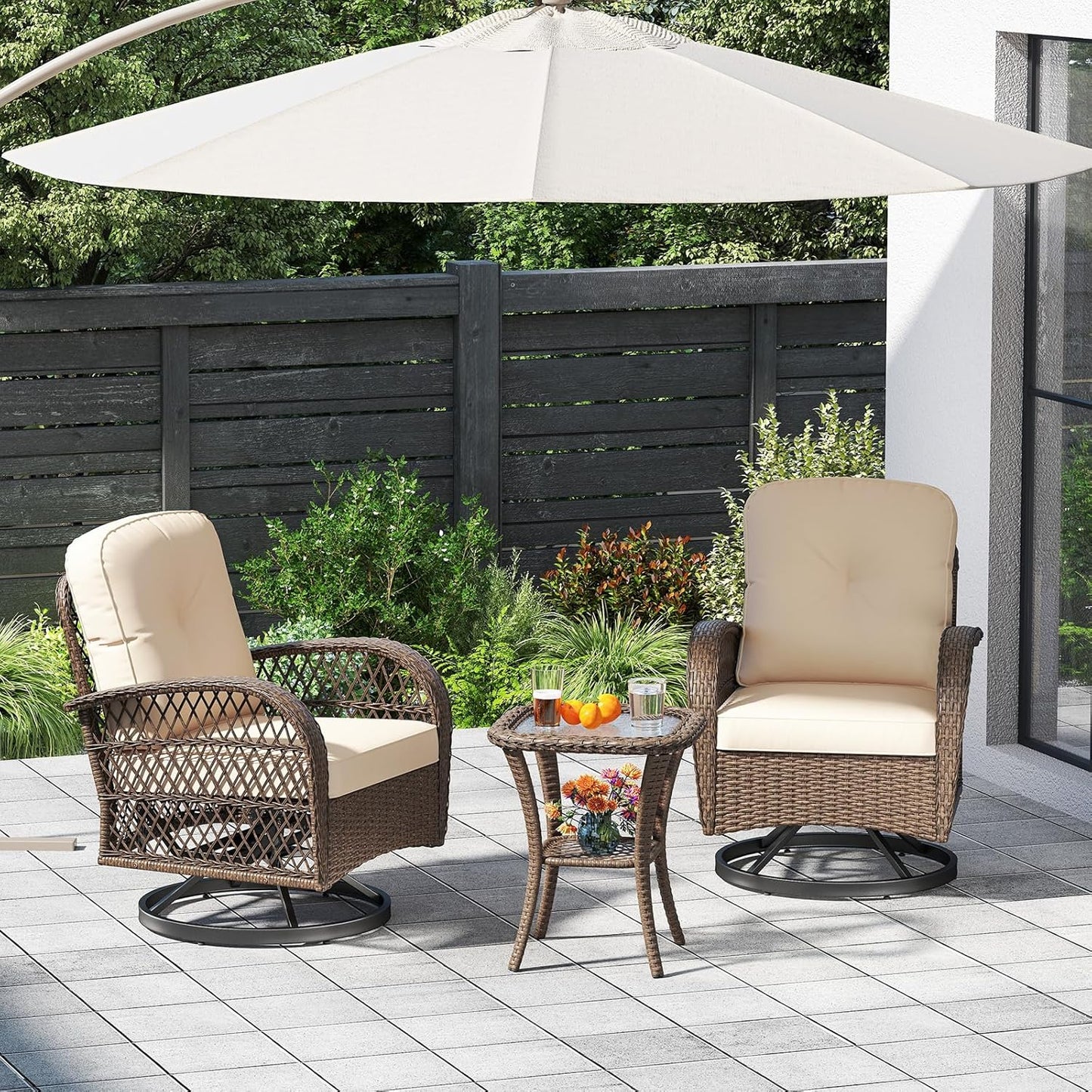 Tangkula 3 Piece Patio Swivel Rocker Set, 2 Outdoor Wicker Rocking Chairs with Tempered Glass Side Table, Outside Gliding Bistro Furniture Set with Thick Cushions for Porch, Yard, Balcony (Beige)