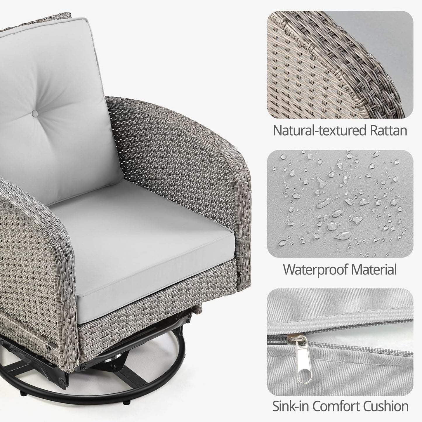 Outdoor Swivel Rocker Chairs Set, 3 Piece Patio Swivel Chairs Furniture Set, All-Weather Wicker Bistro Set, Washable Cushions, Ideal for Porch, Deck, Balcony, Backyard (LightGray)