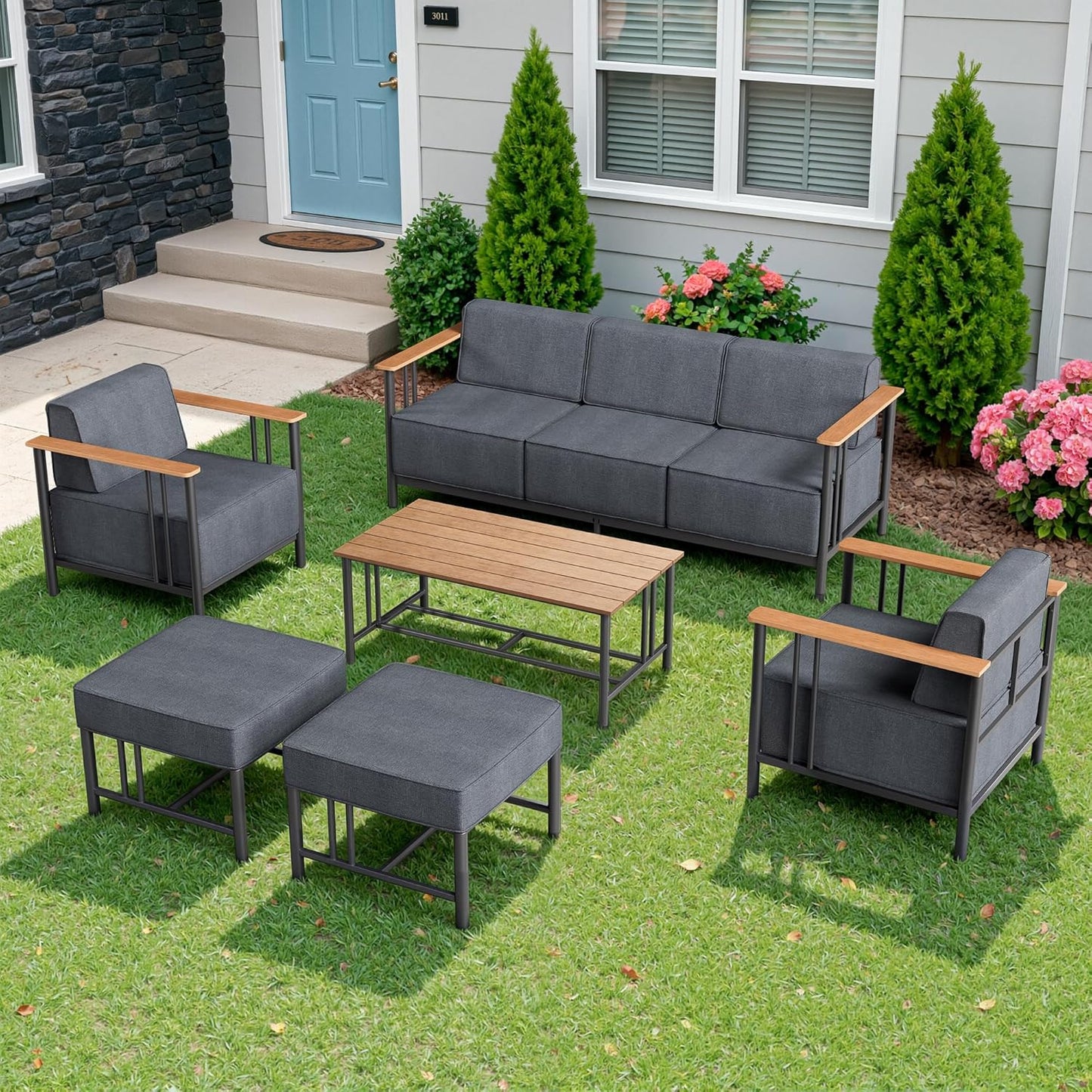 Luxury Patio Swivel Chairs with 6" Extra Thick Cushions, Outdoor Furniture Set with Ottomans and Side Table, Swivel Outdoor Chairs for Porch, Balcony, Deck, Patio, Yard, Poolside, Black/Grey
