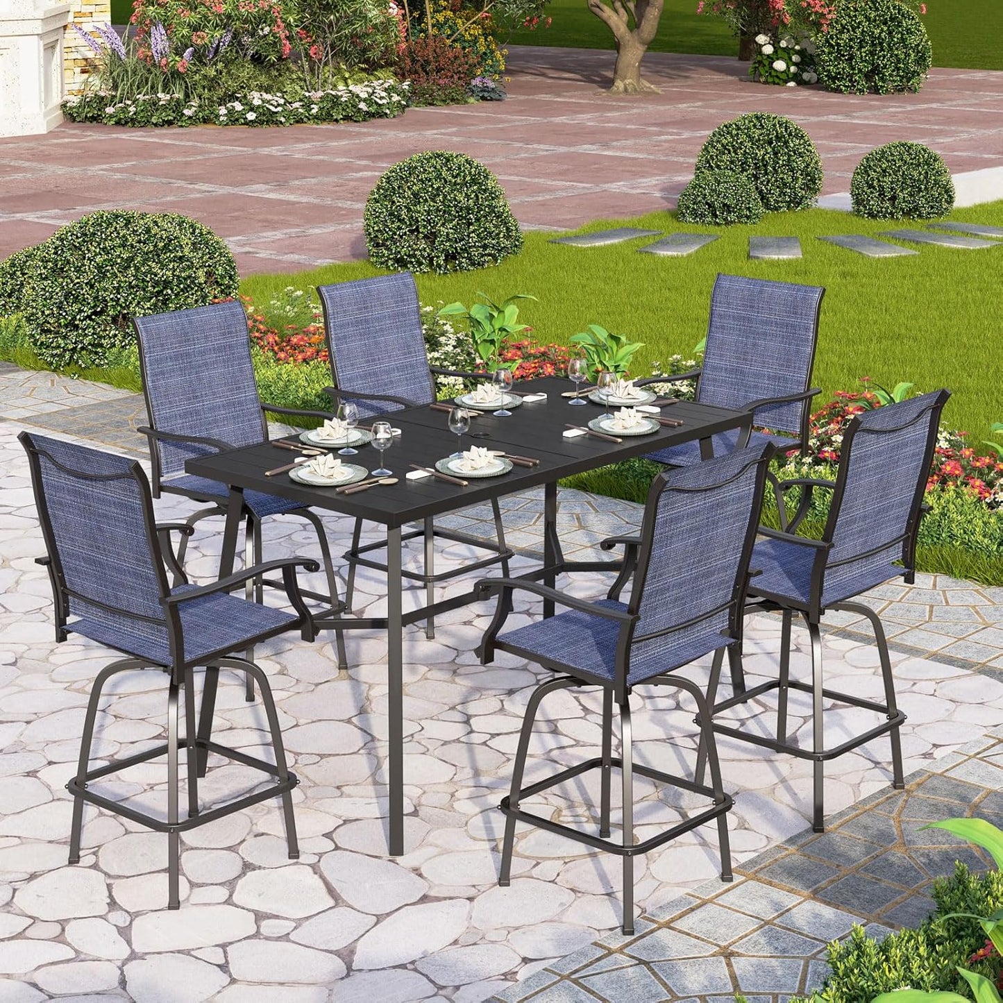 PHI VILLA Outdoor Bar Table for 2-4 Person - 55" W x 40" H Bar Height Patio Bistro Table with Stone Texture Top & Adjustable Non-Scratch Feet for Garden, Backyard, Poolside, Balcony, Patio Dining