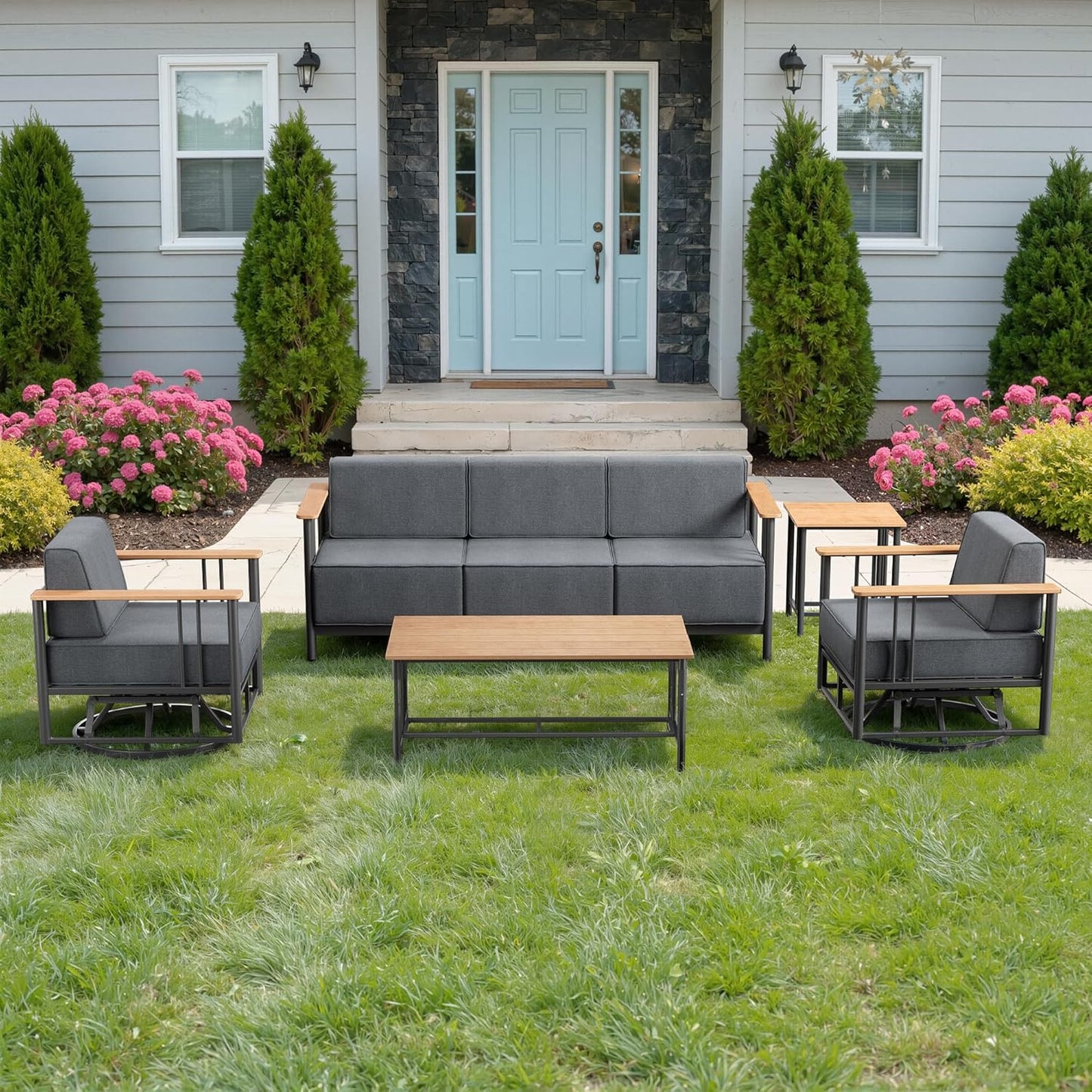 Luxury Patio Swivel Chairs with 6" Extra Thick Cushions, Outdoor Furniture Set with Ottomans and Side Table, Swivel Outdoor Chairs for Porch, Balcony, Deck, Patio, Yard, Poolside, Black/Grey