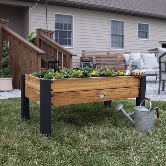 Backyard Discovery 48" Teak Wood Raised Garden Bed Planter Box with Galvanized Steel Legs, Mesh Liner for Outdoor Gardening, Patio, Balcony, Deck, Porch