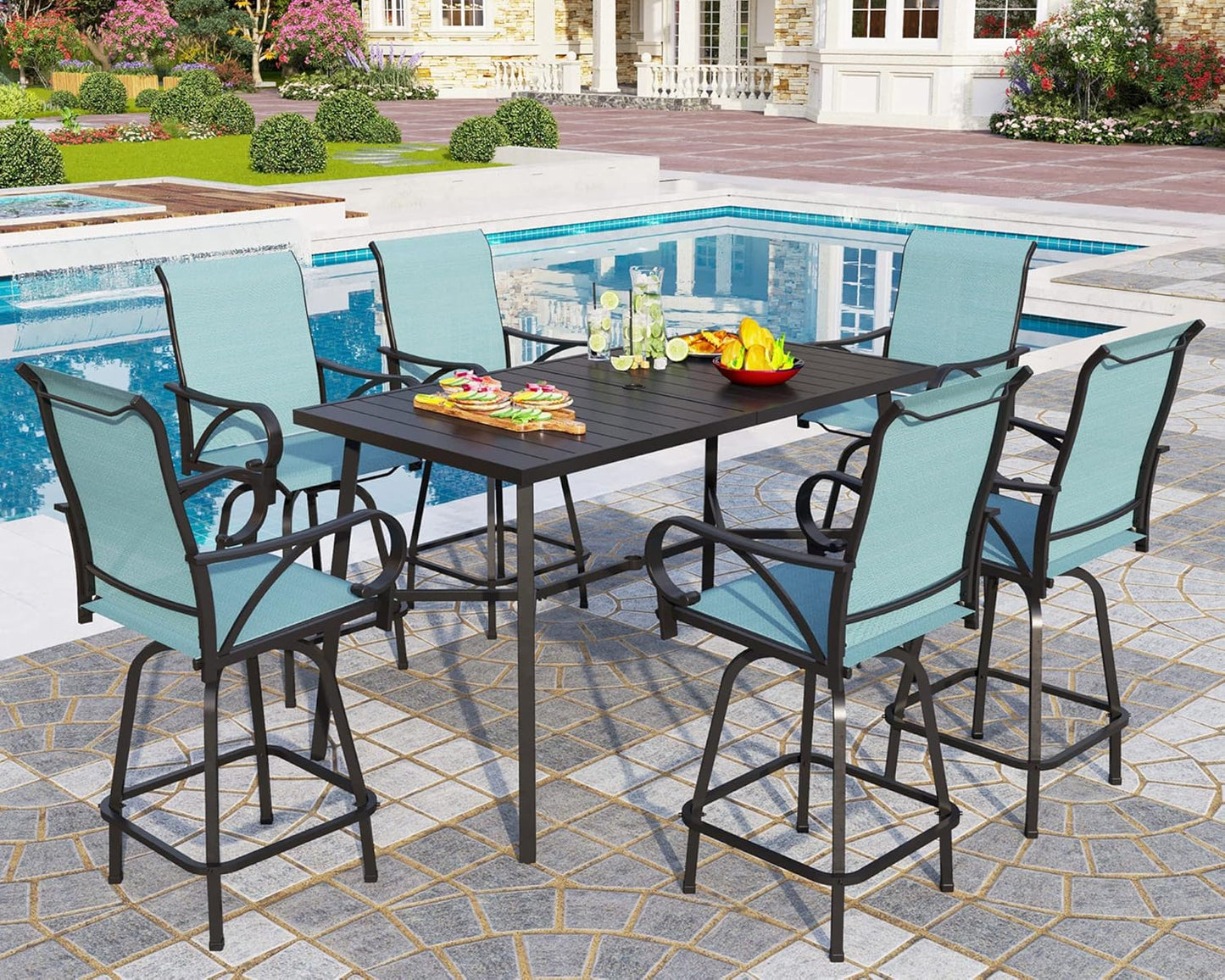PHI VILLA Outdoor Bar Table for 2-4 Person - 55" W x 40" H Bar Height Patio Bistro Table with Stone Texture Top & Adjustable Non-Scratch Feet for Garden, Backyard, Poolside, Balcony, Patio Dining