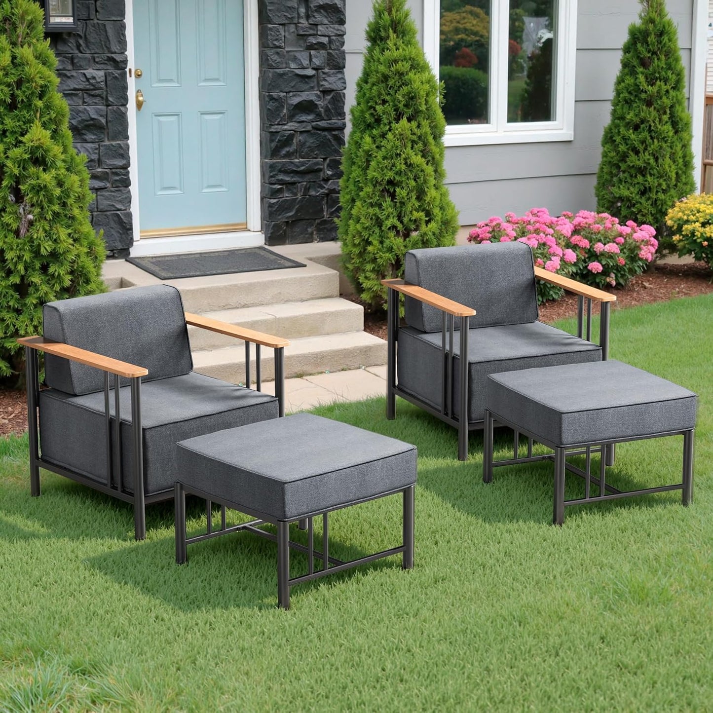 Luxury Patio Swivel Chairs with 6" Extra Thick Cushions, Outdoor Furniture Set with Ottomans and Side Table, Swivel Outdoor Chairs for Porch, Balcony, Deck, Patio, Yard, Poolside, Black/Grey