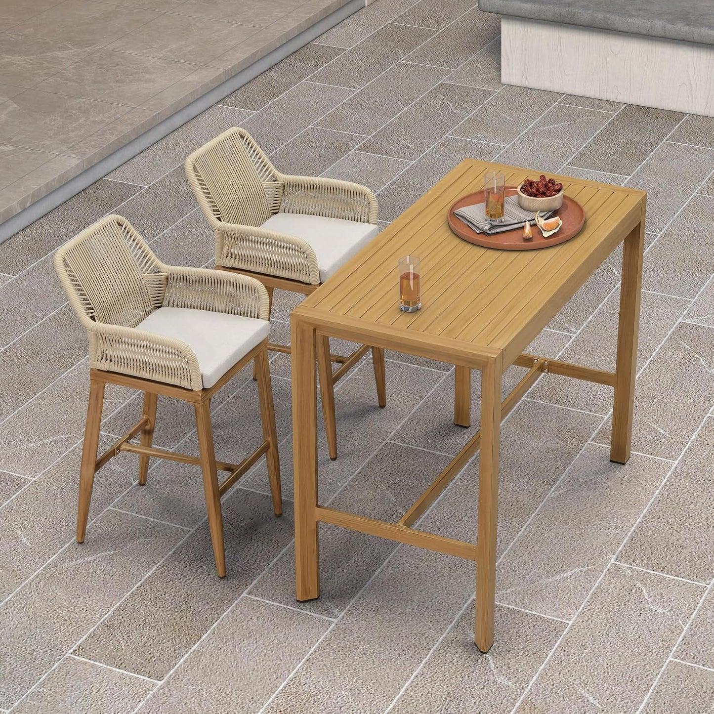 PURPLE LEAF 3 Pieces Outdoor Rattan 29" Bar Stools and Table Set, Modern Boho Aluminum Patio Bar Height Chair Bar Table for Outdoor and Indoor, Champagne