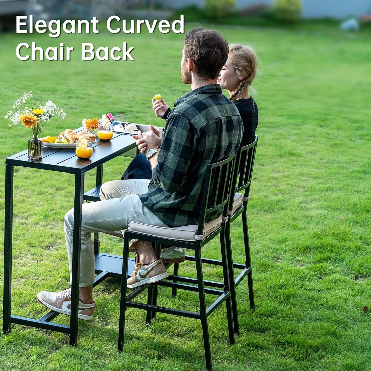 3 Piece Outdoor Patio Bar Set, 47" Rectangular Counter Height High Top Bar Table with Wheels, 2 Cushioned Bar Stools, Metal Bar Table and Chairs Set for Balcony, Backyard, Porch