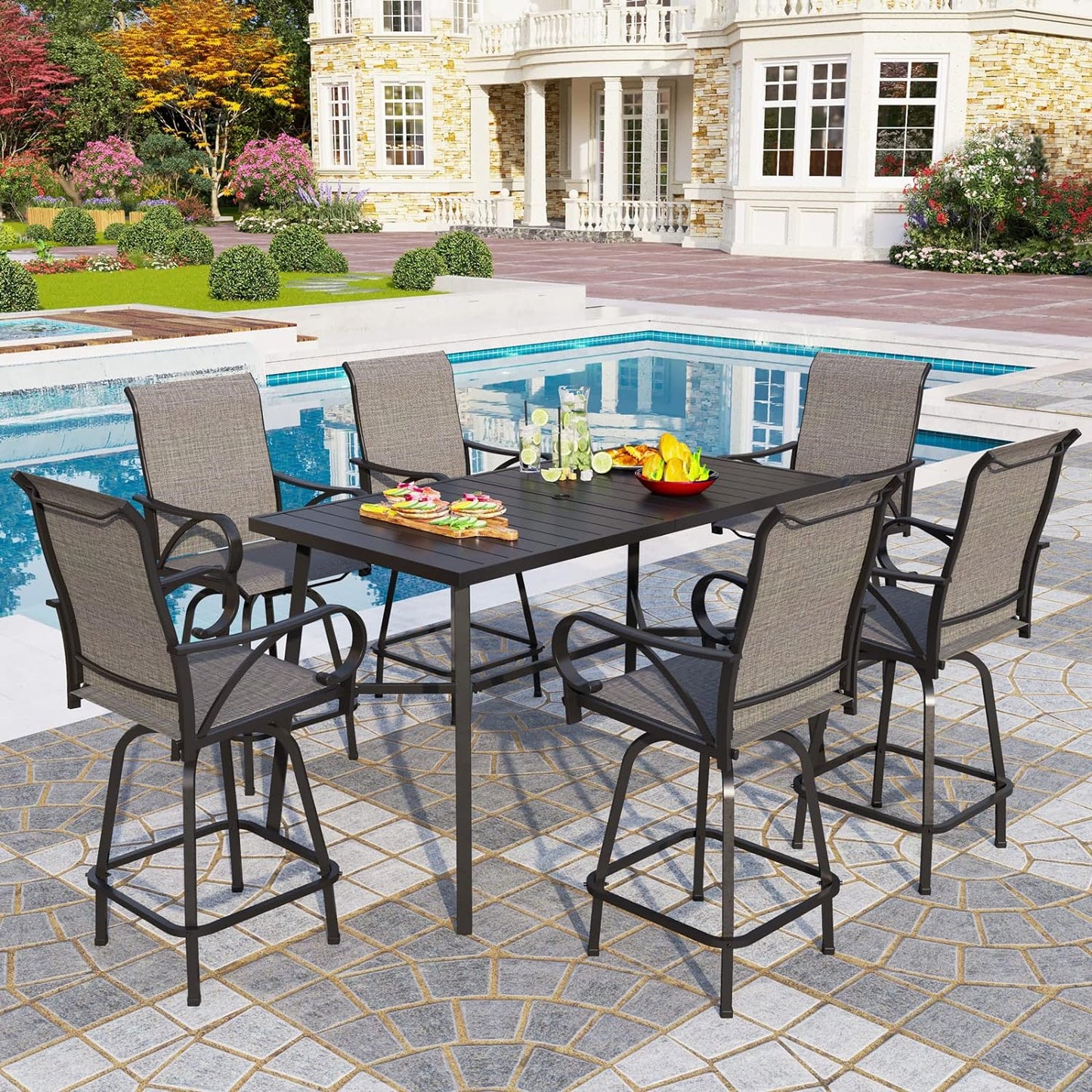 PHI VILLA Outdoor Bar Table for 2-4 Person - 55" W x 40" H Bar Height Patio Bistro Table with Stone Texture Top & Adjustable Non-Scratch Feet for Garden, Backyard, Poolside, Balcony, Patio Dining