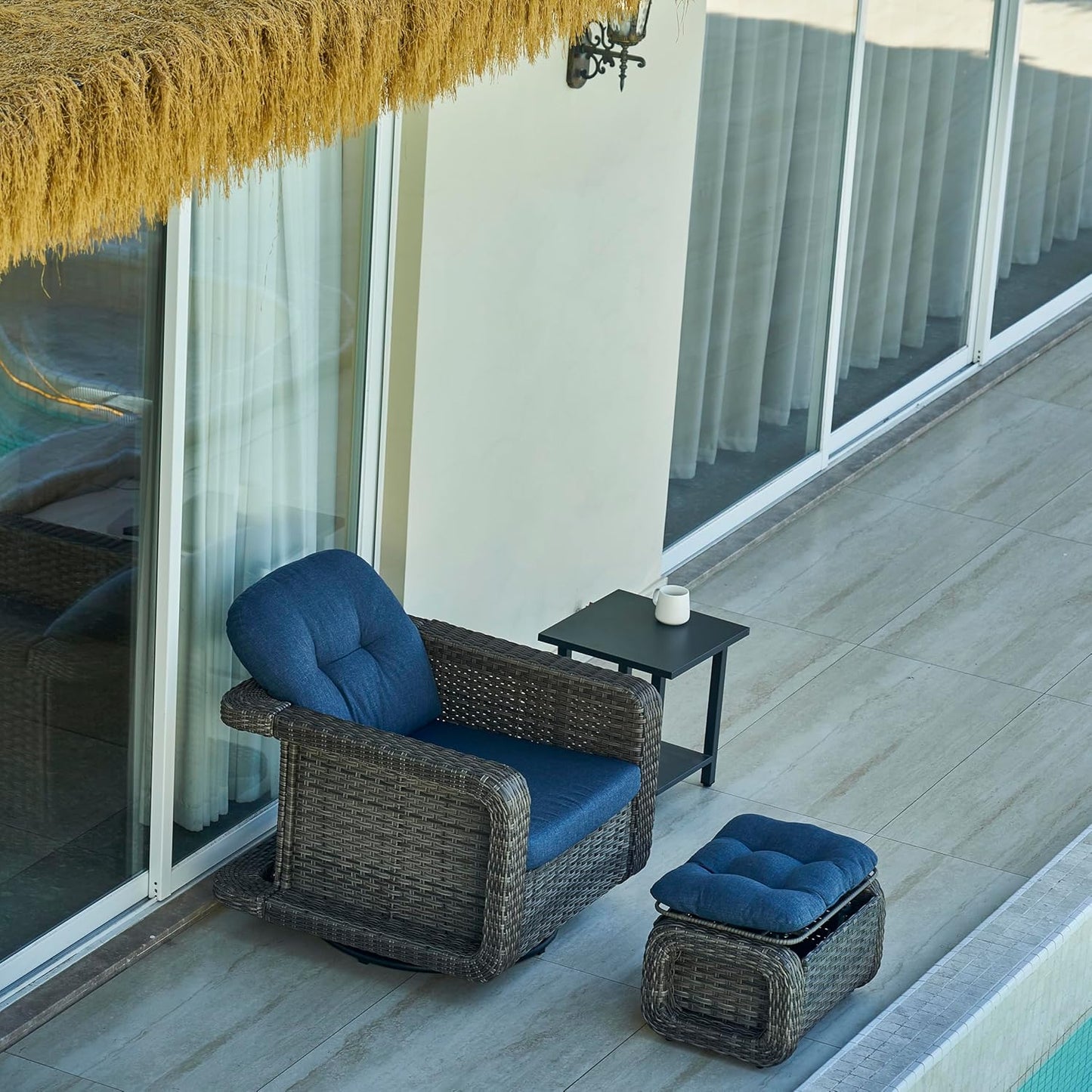 Patio Glider Swivel Rocker Set: 2piece Patio Furniture Sets, 360° Swivel Rocking Chairs with Ottoman, Rust-Resistant Cushion -Perfect for Backyard/Deck/Porch/Balcony Decors- Gray Wicker, Blue Cushion