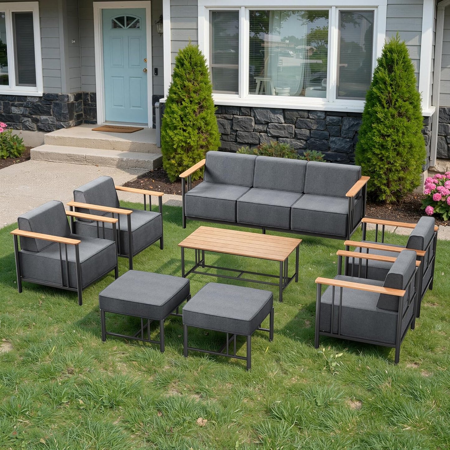 Luxury Patio Swivel Chairs with 6" Extra Thick Cushions, Outdoor Furniture Set with Ottomans and Side Table, Swivel Outdoor Chairs for Porch, Balcony, Deck, Patio, Yard, Poolside, Black/Grey