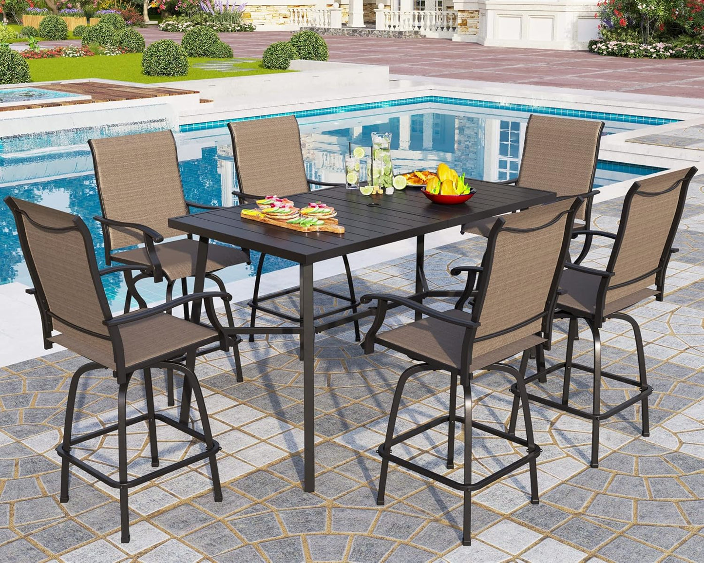PHI VILLA Outdoor Bar Table for 2-4 Person - 55" W x 40" H Bar Height Patio Bistro Table with Stone Texture Top & Adjustable Non-Scratch Feet for Garden, Backyard, Poolside, Balcony, Patio Dining