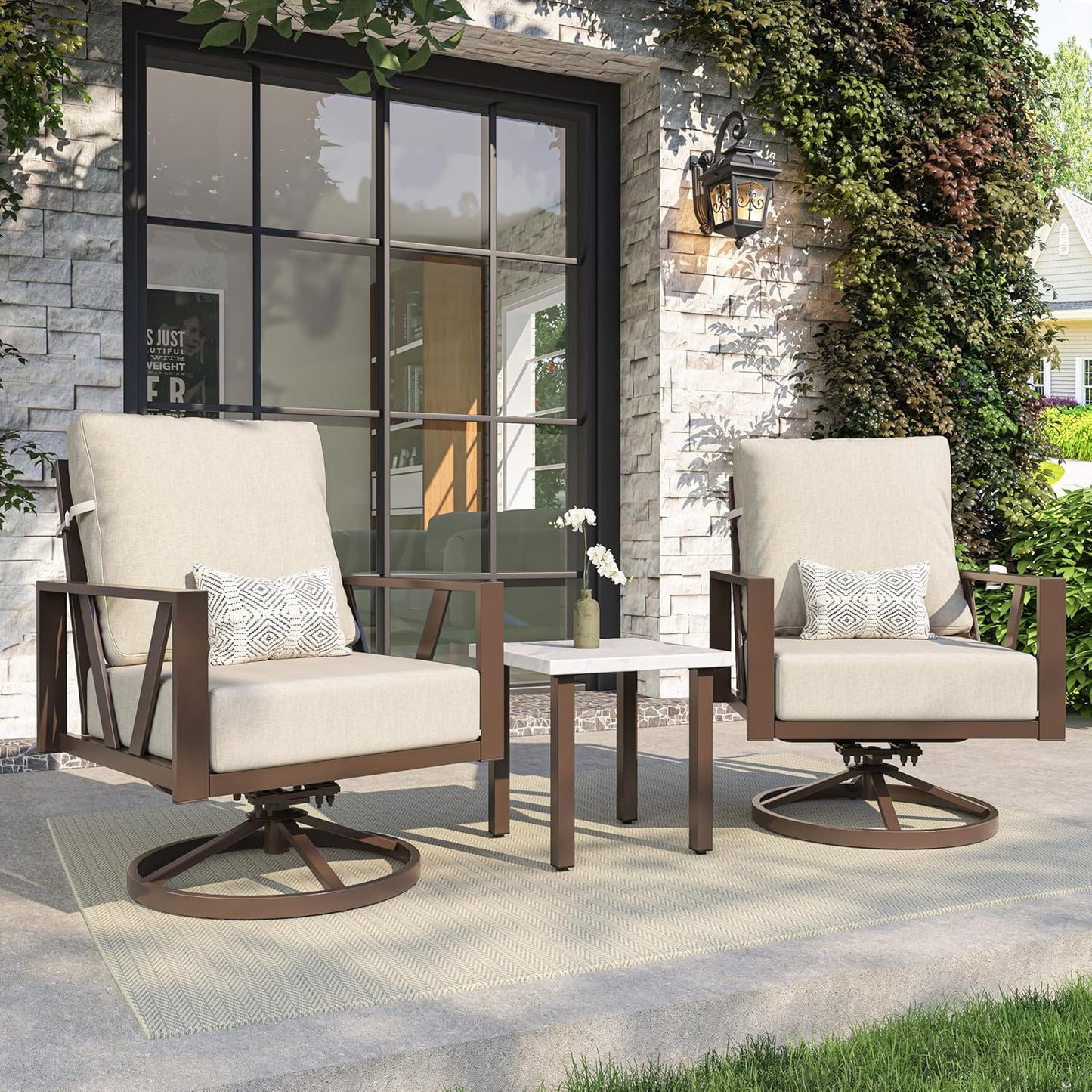 Outdoor Patio Swivel Rocking Chairs Set, Patio Porch Furniture with 6" Thick Cushions, 3 Pieces Outdoor Bistro Set with Coffee Table for Balcony, 350lbs, Dark Grey