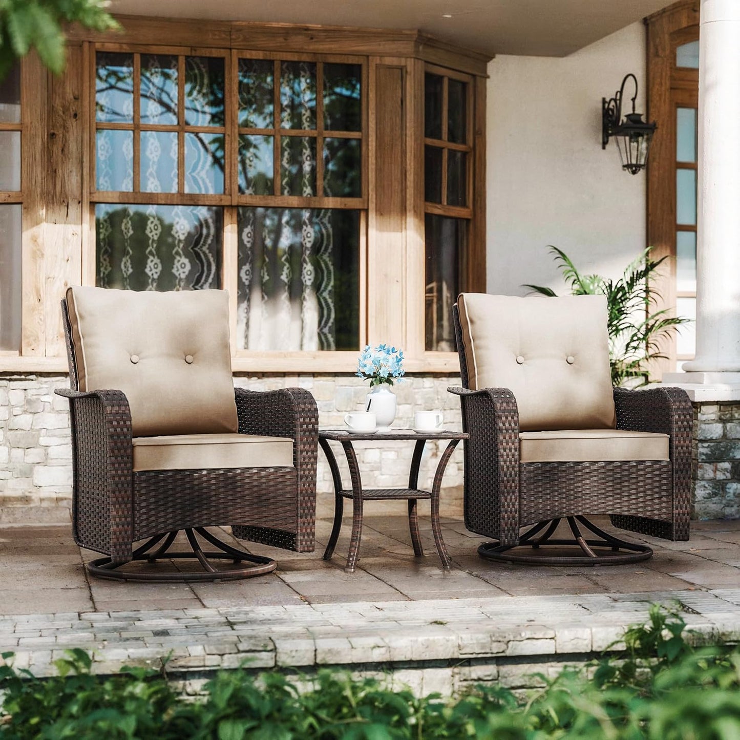 Gotland 3 Pieces Patio Set, Outdoor Swivel Chairs Set of 2 with 4’’ Waterproof Cushions High Back Double-Layer Side Table, Wicker Rocking Patio Chairs Set of 2 for Balcony, Porch, Garden